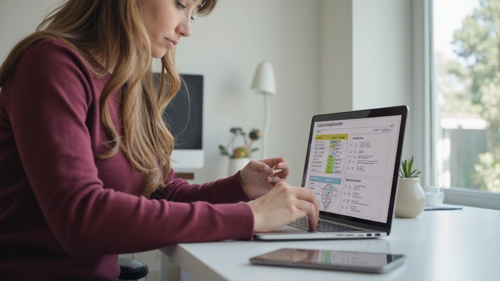 Женщина анализирует финансовые данные на ноутбуке за рабочим столом