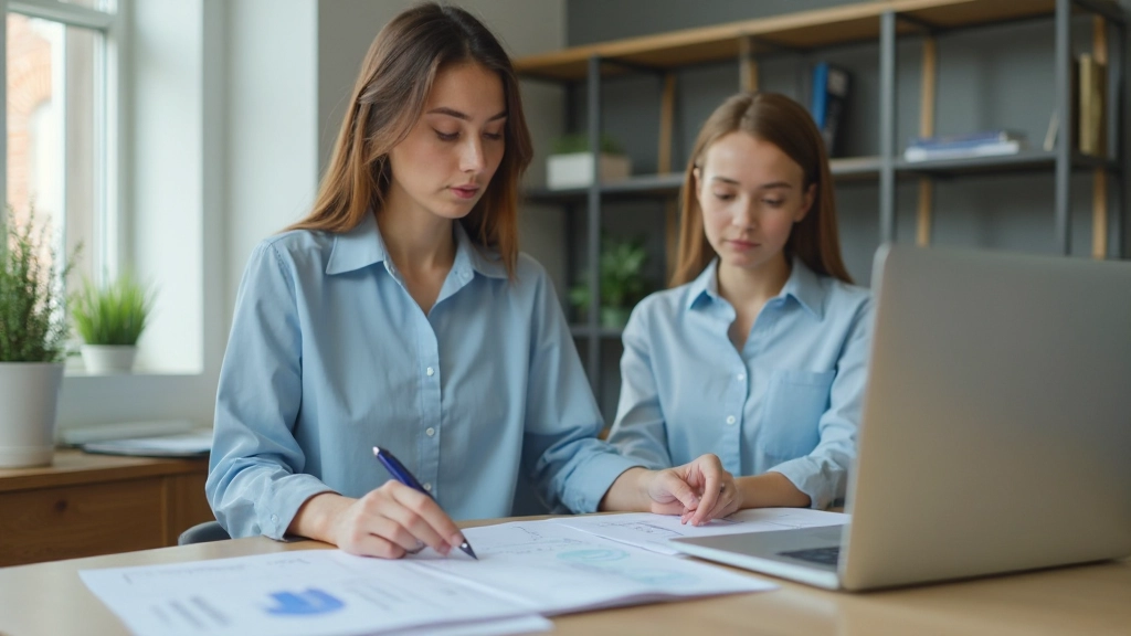 Молодая женщина анализирует финансовые показатели и ведет учет расходов на ноутбуке